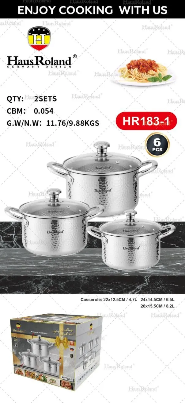 ITEM:HR183 -6
Body:stainless steel 201,0.4mm Bottom:0.5mm alum +1.5mm iron+0.5mm alum,430 bottom base Exterior:mirror polish Interior:mirror polish
Lid:G type glass lid Handle:stainless steel hollow handle 20x11.5cm casserole w/lid, 24x14.5cm casserole w/lid, 28x10cm casserole w/lid