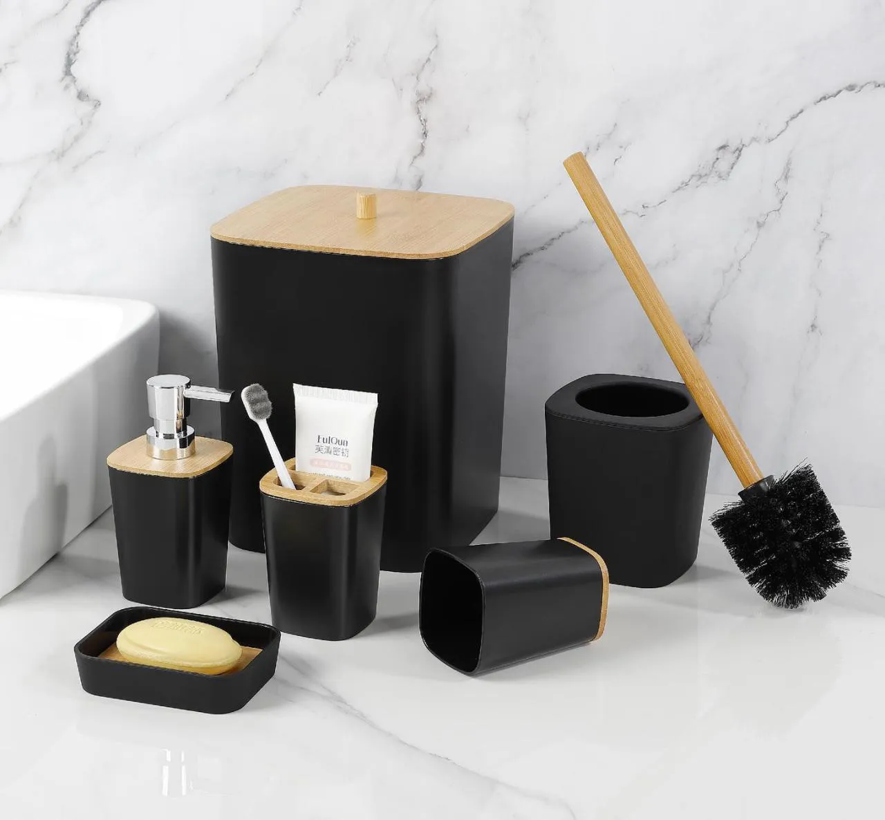 6件套 6PCS set 皂液瓶牙刷架 肥皂盒 垃圾桶马桶刷 soap dispenser+Toothbrush holder+ cup+ brush holder+ dustbin+SOAP Dish