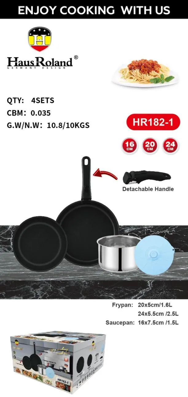 ITEM:HR182 -1
Body:stainless steel 201,0.6mm, big bottom
Bottom:0.5mm alum+1.5mm irom+0.5mm alum,430 bottom base Exterior:mirror polish Interior:16cm/satin polish with capacity mark,20/24cm with non-stick coating
Lid:silicone cover Handle:1pcs detachable nylon handle as photo
16x7.5cm saucepan with silicone cover,
20x5cm frypan with w/o lid
24x5.5cm frypan with w/o lid