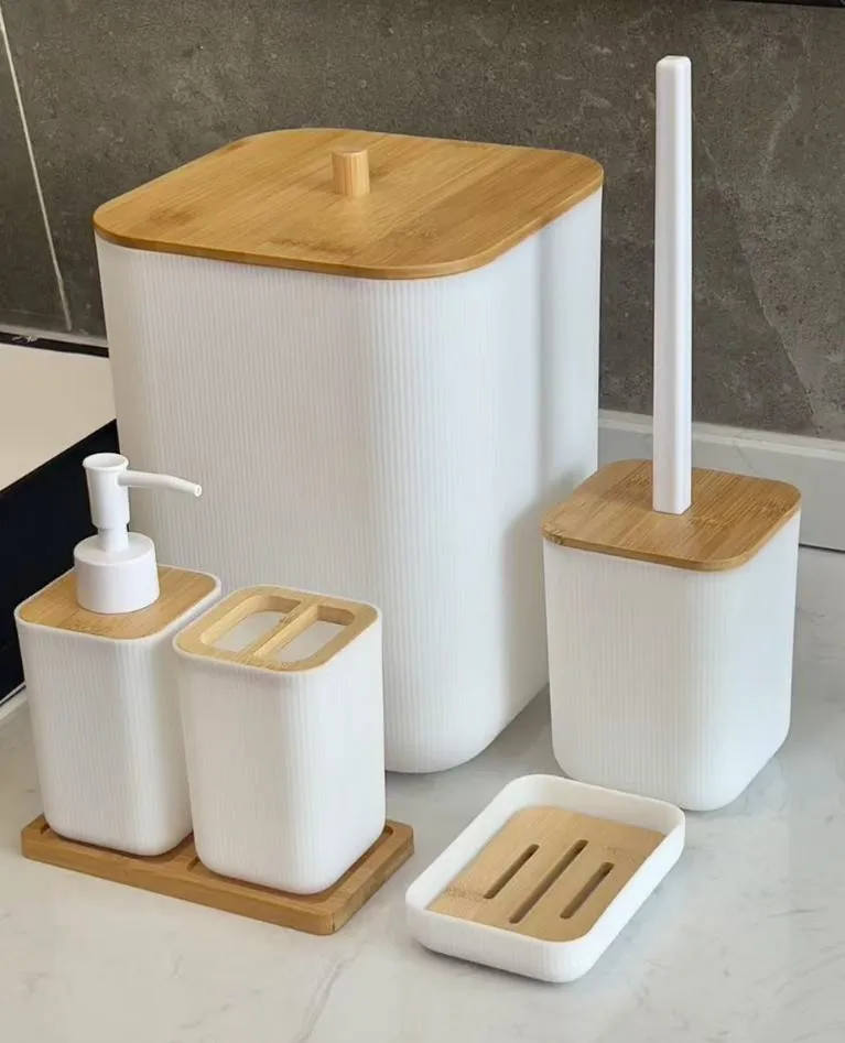 6件套 6PCS set 皂液瓶牙刷架 竹底托 肥皂盒垃圾桶 马桶刷 soap dispenser+Toothbrush holder+pallet+ brush holder+ dustbin+SOAP Dish