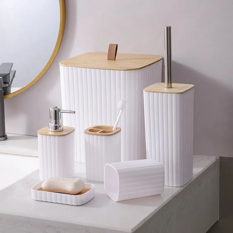 7件套 7PCS set 皂液瓶牙刷架 肥皂盒 垃圾桶 马桶刷 竹底托 口杯soap dispenser+Toothbrush holder+pallet+ brush holder+ dustbin+SOAP
Dish+cup