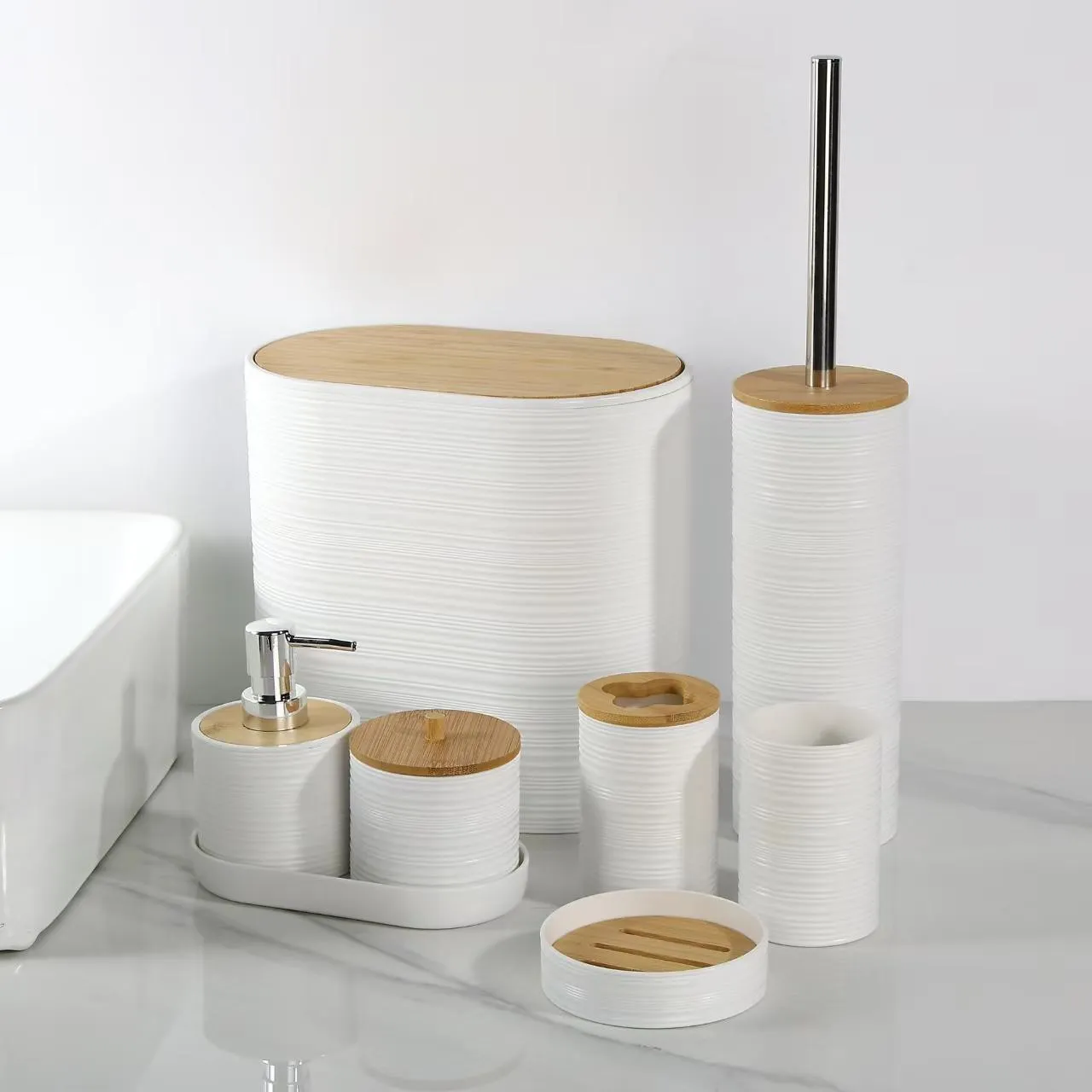 8件套 7PCS set 皂液瓶牙刷架 肥皂盒 垃圾桶马桶刷收纳盒 底托 Storage+soap dispenser+Toothbrush holder+ cup+ brush
holder+ dustbin+SOAP