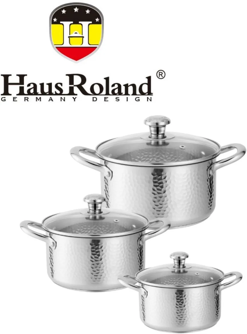 ITEM:HR183 -1
Body:stainless steel 201,0.4mm Bottom:0.5mm alum +1.5mm iron+0.5mm alum,5 step,430 bottom base
Exterior:mirror polish Interior:mirror polish with capacity mark
Lid:G type glass lid Handle:stainless steel hollow handle 22x12cm casserole w/lid, 24x14.5cm casserole w/lid, 26x15.5cm casserole w/lid